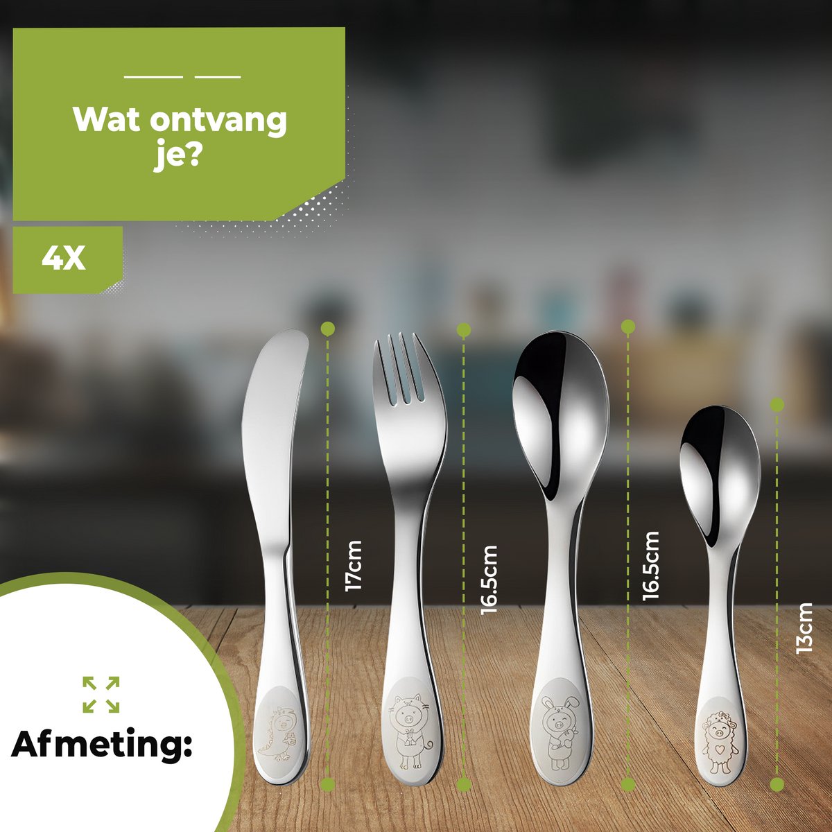 HI NATURE Kinderbestek 4-delig – RVS - Afbeelding 3