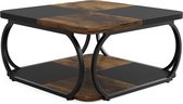 Zwarte vierkante salontafel met houten vakverdeling boven en onder, gebogen metalen frame.