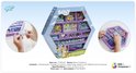 Bluey kralenset op paarse hexagonale doos met afbeeldingen van kralen, Bluey-personages en maakinstructies.
