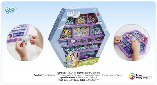 Bluey kralenset op paarse hexagonale doos met afbeeldingen van kralen, Bluey-personages en maakinstructies.