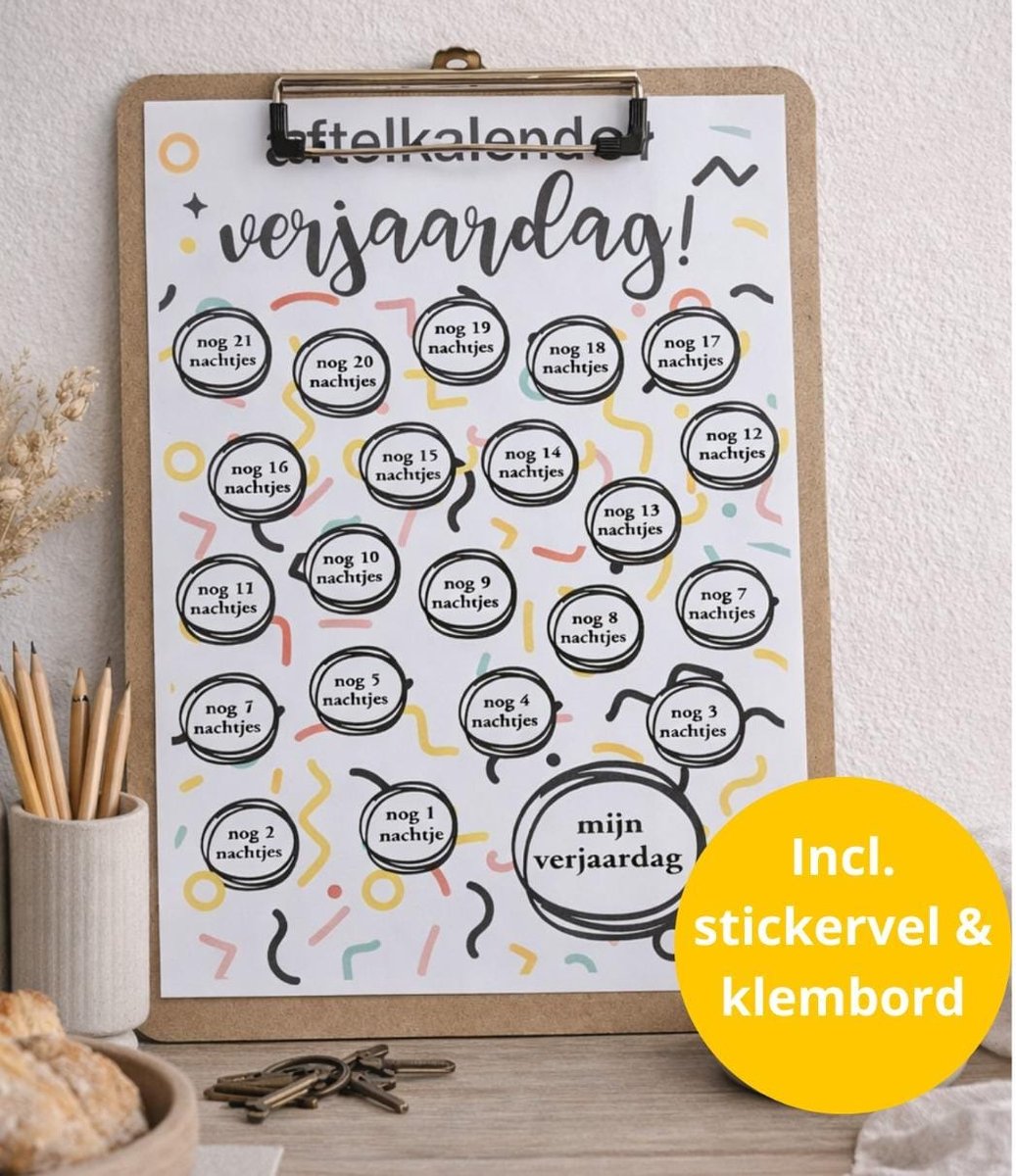 Troubadot | aftelkalender verjaardag | A4 | inclusief stickervel | inclusief klembord | aftellen tot de verjaardag | verjaardag | birthday | kind | cadeau voor jongen of meisje |
