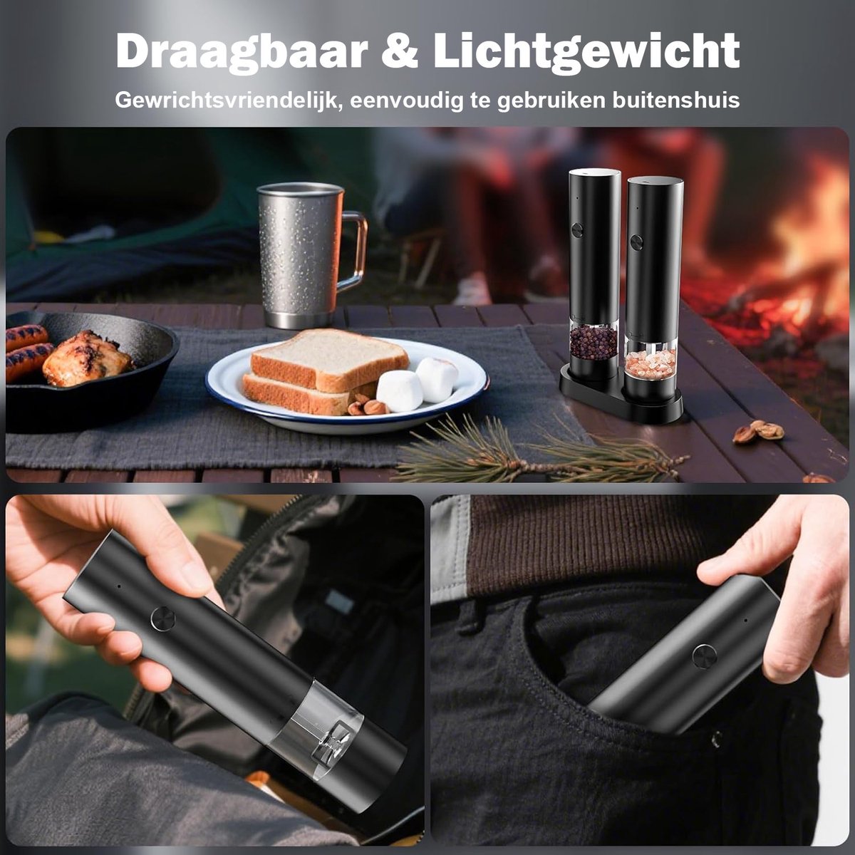 Rivv® Elektrische Zout- en Pepermolen Set - USB-C Oplaadbaar - Automatisch - Instelbare Maalgraad - Inclusief Houder en Reinigingsborstel - Zwart — cadeau in Kookcadeaus - foto 7
