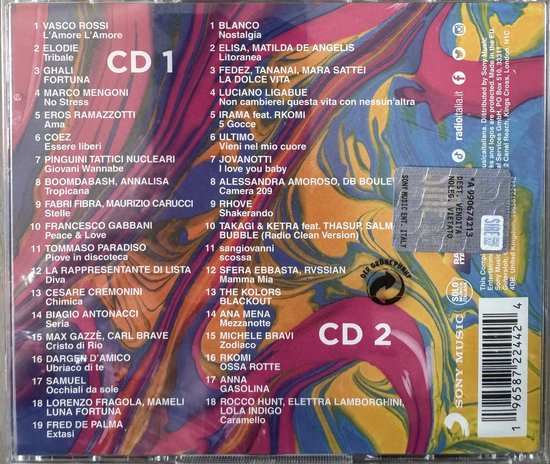 Achterkant van de CD-hoes met de tracklist voor CD1 en CD2. Met de tekst 'RADIO ITALIA SUMMER HITS 2022'.