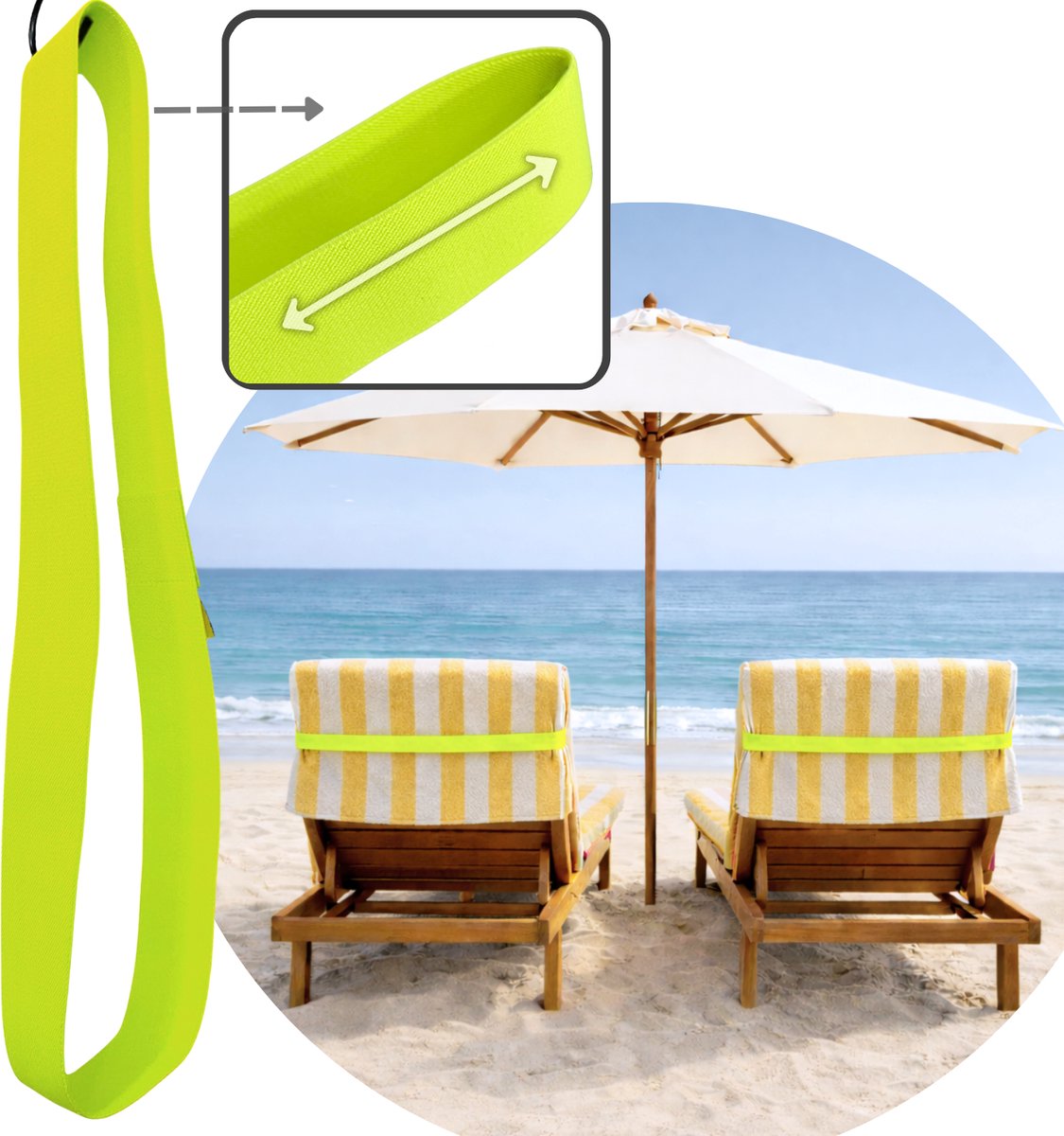 Hoya living - Strand handdoek Elastiek Band Ligbed - Neon Geel - rekbaar 45-70 cm - strandbed elastiek - strandhanddoekbanden