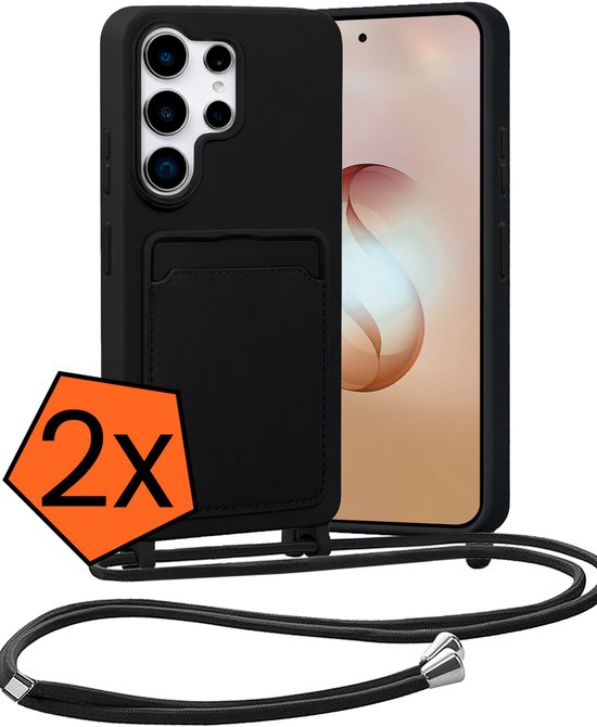 Zwarte telefoonhoes met kaarthouder en een verstelbaar koord, met de voorkant van een Samsung S26 Ultra telefoon.