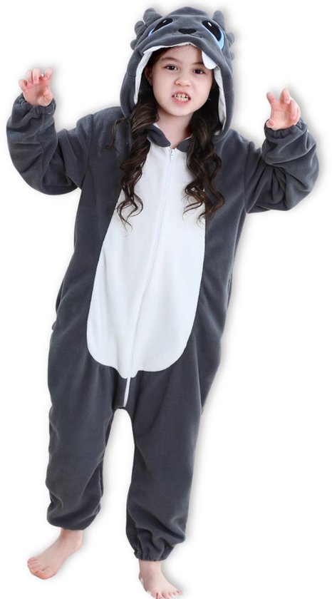 BoefieBoef Dieren Onesie Draak voor Kinderen 5-8 Jaar – Pyjama Dieren Verkleedpak – Warme Flanel Jumpsuit met Capuchon – Knuffelpak & Huispak – Zwemles – Carnaval, Halloween & Sinterklaas Cadeau – Jongens & Meisjes - Grijs