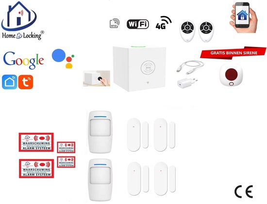 Collage van beveiligingsproducten: Home Locking logo, Google, T-Mobile, beveiligingsbox, sirene, PIR-melders, deur/raam sensoren en accessoires.