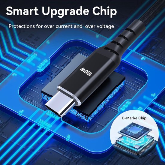 USB-C naar USB-C kabel met 100W en E-Mark chip, beschermt tegen overspanning.