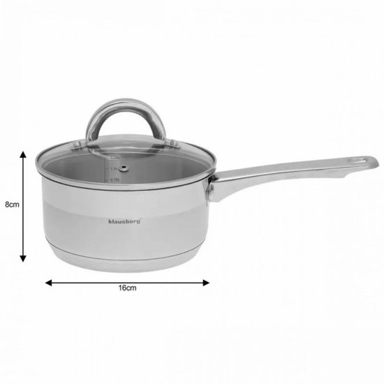RVS steelpan van 16 cm doorsnede en 8 cm hoog, met glazen deksel en maatverdeling tot 0.75L.