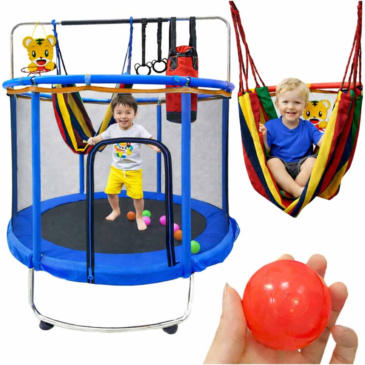 Playos® - Trampoline met Veiligheidsnet - Blauw - 155 cm - tot 150 kilo - met Handgrepen, Hangmat, Bokszak, Ballen, Basket en meer - Tuintrampoline