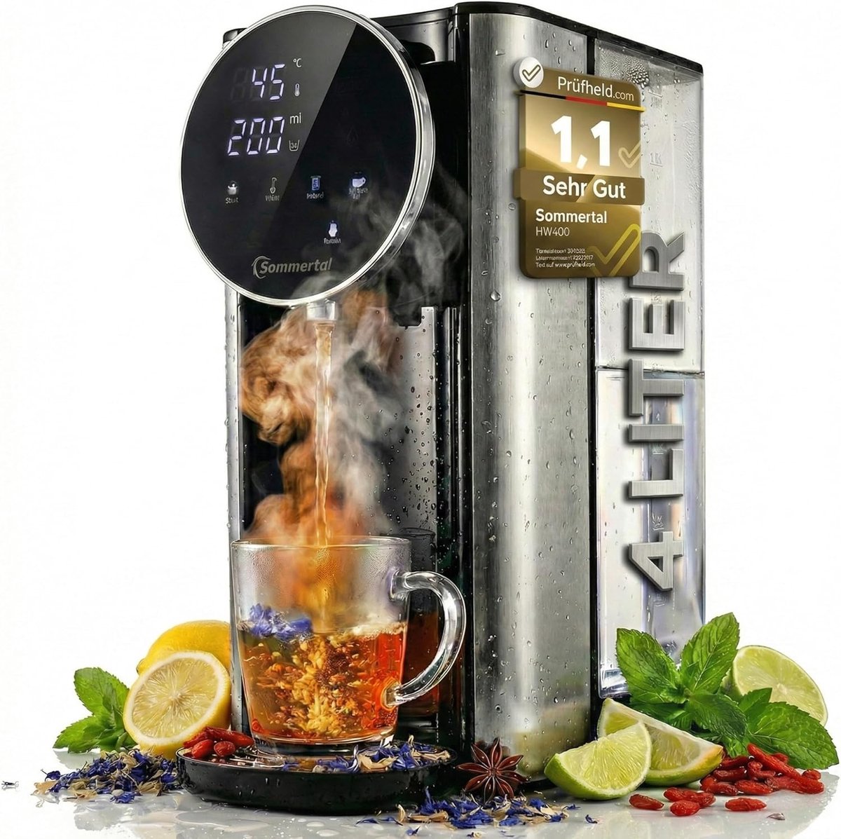 Sommertal HW400 heetwaterdispenser Businessline, XXL-versie met afneembare 4L-tank, instant heet water 45-100°C, touchdisplay, babyvoeding, waterdispenser met compact ontwerp