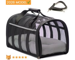 Luxe katten reismand – 47x27x25cm – Reismand kat – Zwart – Opvouwbaar met schouderband en comfortabele mat – Kattenmand – Extra stevig & veilig model