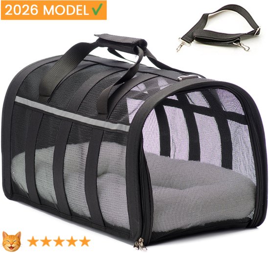 Katten reismand - 47x27x25cm - Reismand kat - Zwart - Opvouwbaar met schouderband en comfortabele mat - Kattenmand - Extra stevig & veilig model