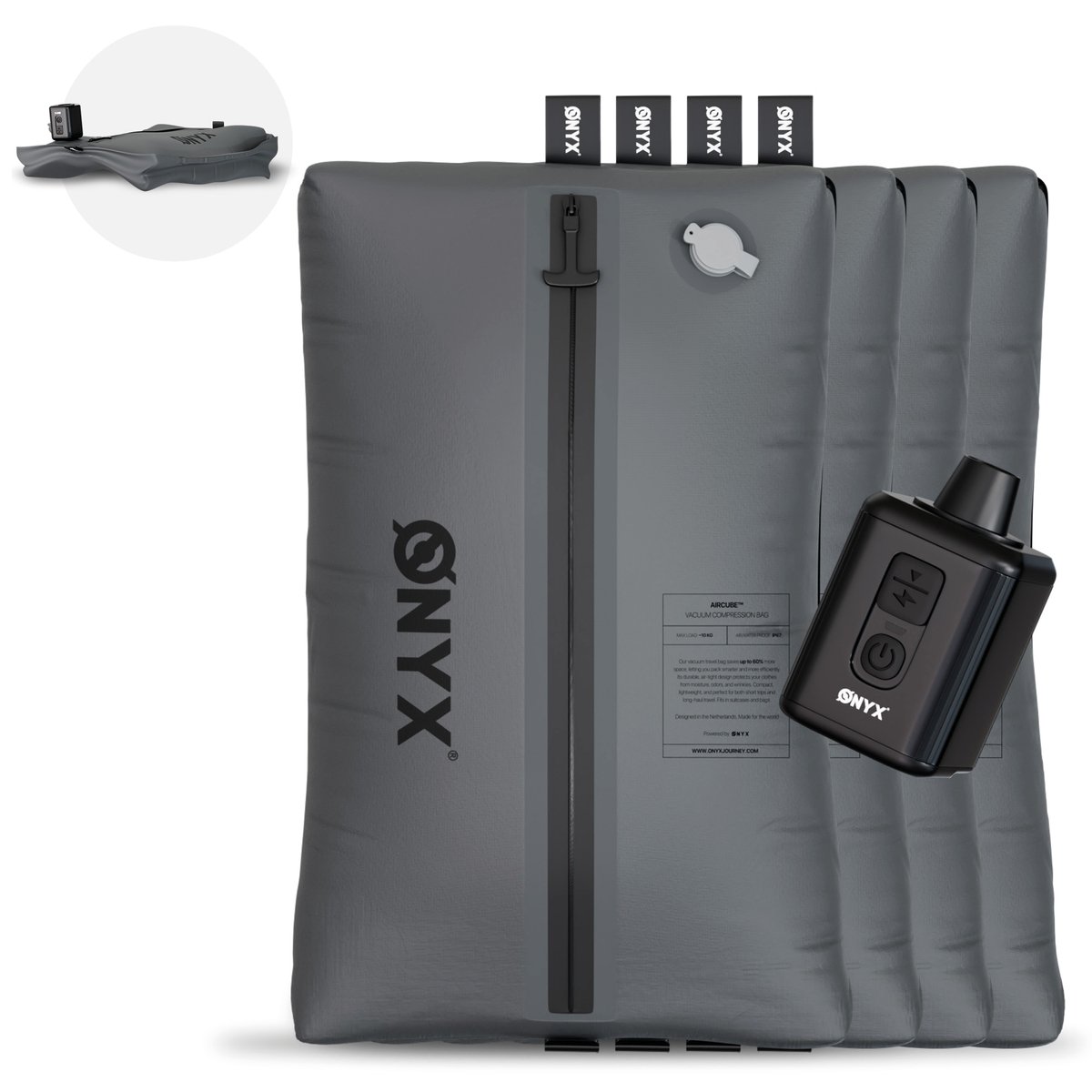 ONYX Aircube™ Vacuum Packing Cubes - 4 Stuks - Inclusief draadloze Compressie Pomp - Voor koffers en tassen - Koffer Organizer - Bagage & Backpack Compression - Grijs