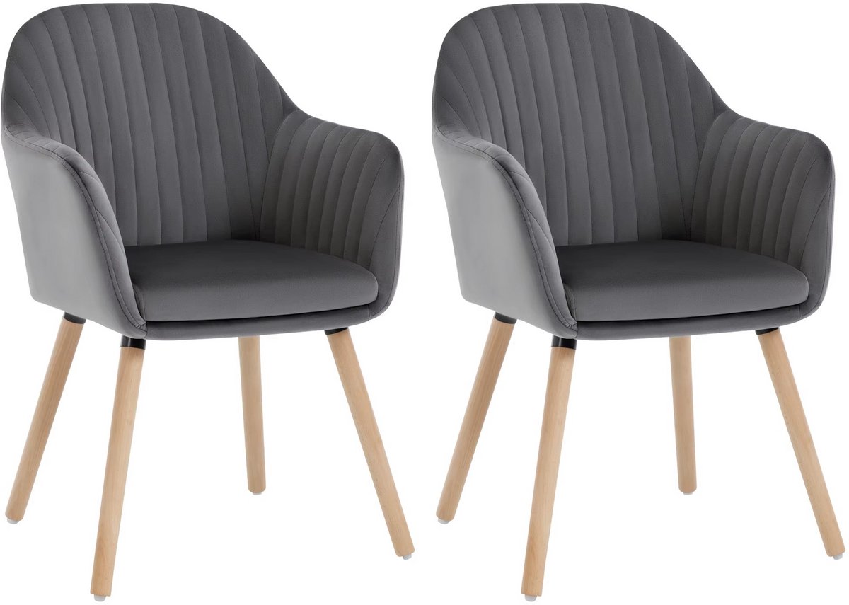 Whoopr® Set van 2 Fluwelen Eetkamerstoelen met Armleuningen – Ergonomische Gestoffeerde Keukenstoelen – Comfortabele Stoelen voor Woonkamer of Restaurant - Velvet Grijs met Houtkleurige Poten