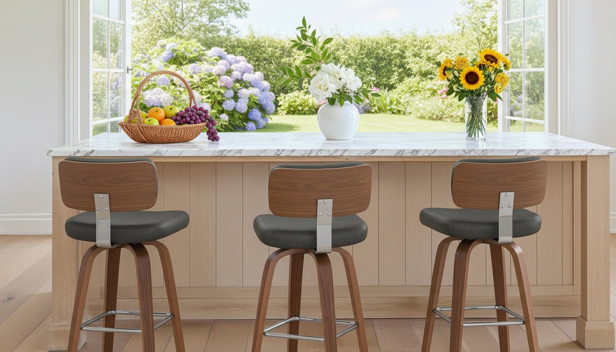Barkruk Set van 3 – House&Garden Premium 360° Draaibare Houten Barkrukken 67 cm met Rugleuning & 7 cm Kunstleren Zitting – Nussbaum Hout – Zwart – Voor Keukeneiland & Bar