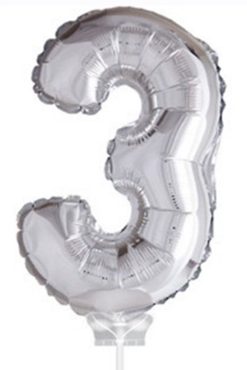 Cijferballon op stokje XL 40cm - Taart ballon - Cijfer 3 - Zilver