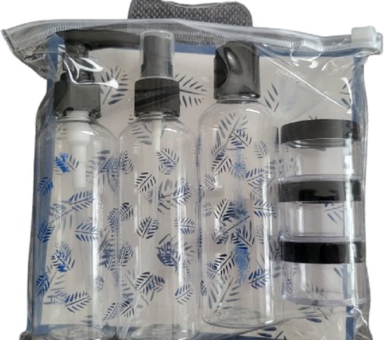 Navulbare reisflesjes en Potjes blauw 100 ml - 7 Delig - Navulflesjes met opdruk blauwe veertjes - Reisetui - Navulbaar - Travel - Lege Plastic Flesjes - Lege Reisflesjes - Reisetui - Vliegtuig - TravelSet - Handbagage
