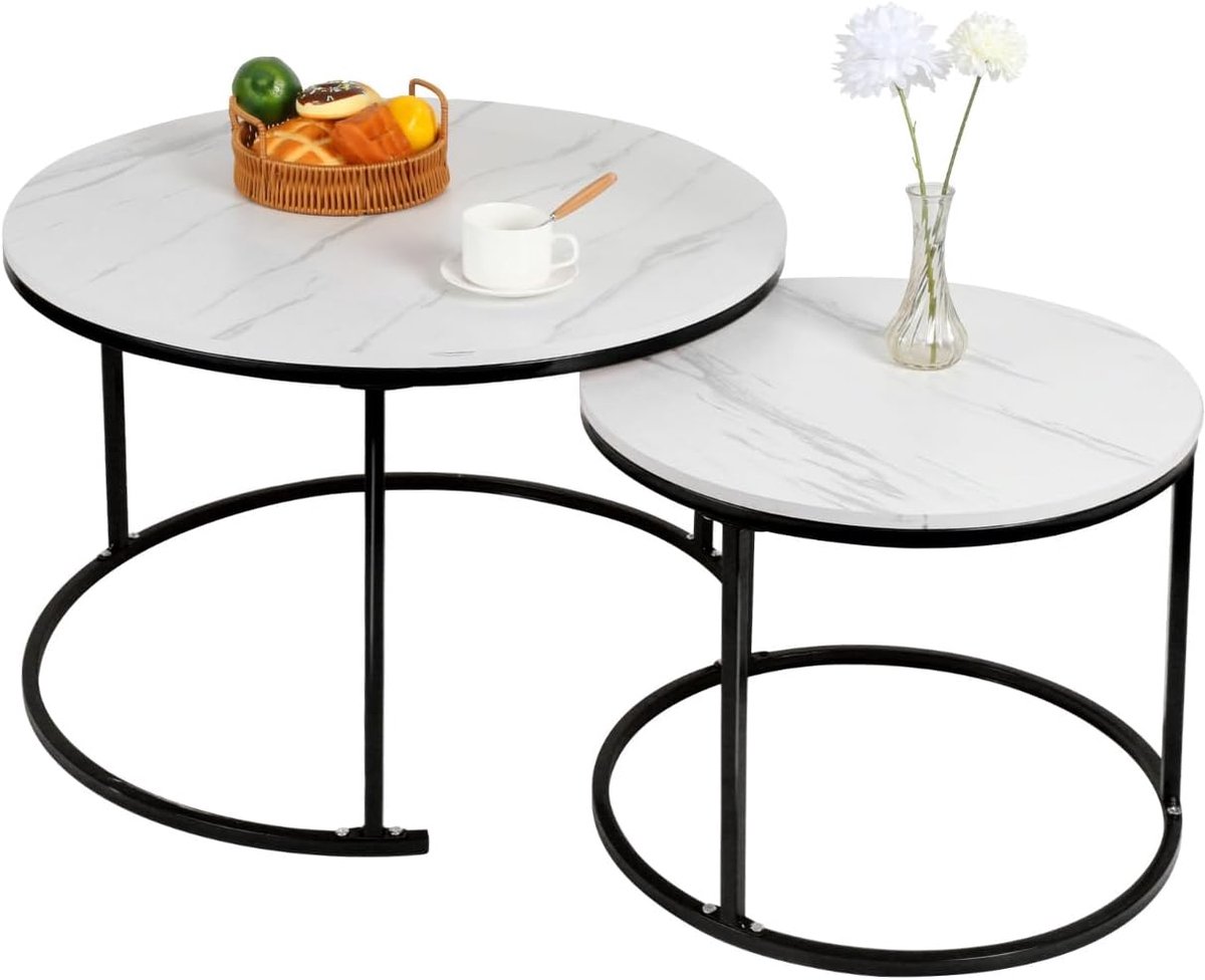 Set van 2 Ronde Salontafels met Marmerlook Blad, Nestelbaar
