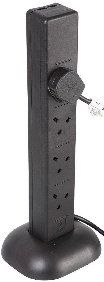 8-Weg Torenstekkerdoos met 2 USB Oplaadpoorten, 1 Meter Kabel, Zwart