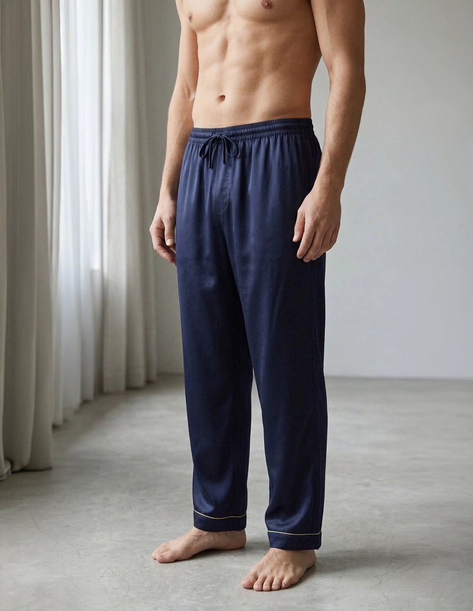 Zijden Heren Loungebroek inSilk Cologne - Luxe 100% Moerbeizijde - Exclusief en Stijlvol. Kleur Indigo Blauw - Maat L