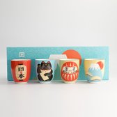 Bloomingville Beker zonder handvat Carla Express Retro theekopje koffiebeker vintage latte macchiato beker set 8,5 x H 10 cm, blauw groen rood oranje keramiek, set van 4, inhoud ca. 300 ml