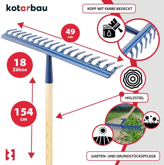 KOTARBAU® Tuinhark, Bladhark, Staal, 49 cm, Marineblauw, met Houten Steel, 154 cm, 18 Tanden, voor Gazon, Stevige Hark, Metalen Hark, Ergonomisch Tuingereedschap van Merkloos	 — afbeelding 4