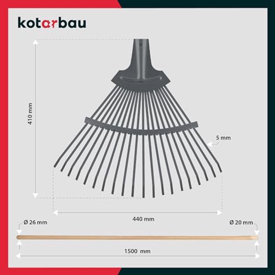KOTARBAU® Bladhark, Staal, 44 cm, Bladbezem, met Houten Steel, 191 cm, Stevige Hark, Tuinhark, Gazonhark, voor Bladeren Gras Tuin, Ergonomisch Tuingereedschap, Grijs Natuurlijk Hout van Merkloos	 — afbeelding 4