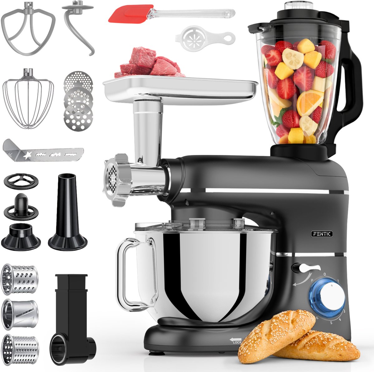 Fentic Keukenmachine – 2000W – Keukenrobot – Foodprocessor - 62L Mengkom – Incl. Vleesmolen Blender en extra Accessoires – Zwart