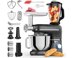 Fentic Keukenmachine – 2000W – Keukenrobot – Foodprocessor - 6,2L Mengkom – Incl. Vleesmolen, Blender en extra Accessoires – Zwart