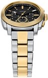 Gouden en zilverkleurig Fossil horloge met zwarte wijzerplaat.