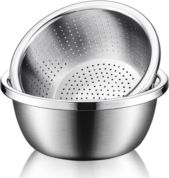 Passoire en acier inoxydable 304 avec bol de mélange - Ensemble de tamis de cuisine 2 en 1 - Grande passoire de 5 litres - Tamis en métal inox pour riz, pâtes et légumes - Lave-vaisselle - 24x10 cm