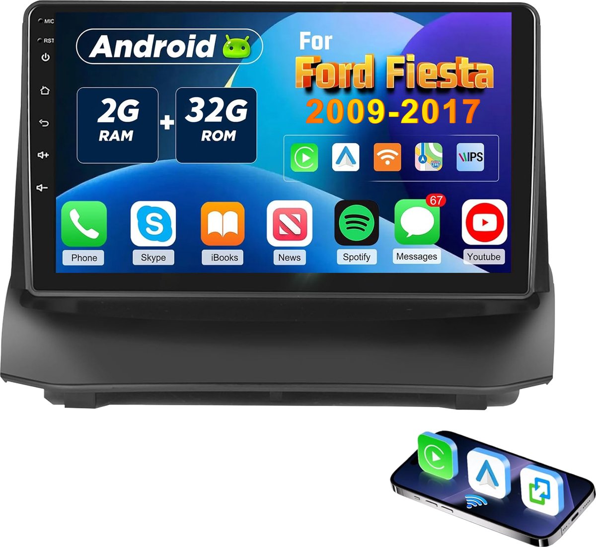 ESSGOO voor Ford Fiesta Apple Carplay Autoradio - 2009-2017 - Android 15 2+32GB - 9" Touchscreen - GPS, Wifi, SWC