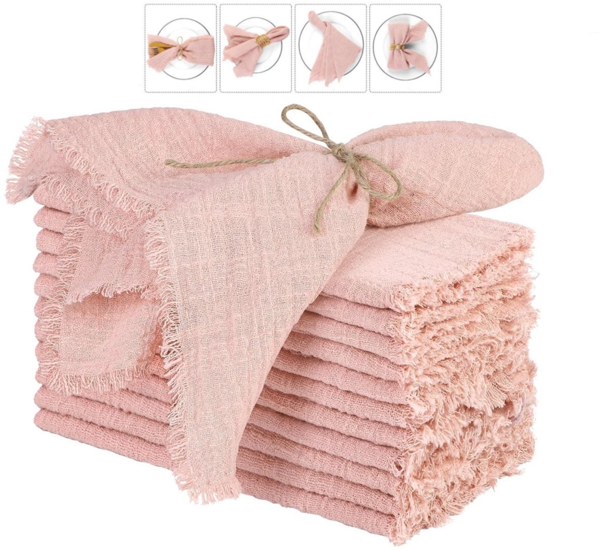 10 Stuks Gerande Katoenen Gaas Servetten - 42x42cm Roze - Zachte Tafellinnen voor Thuis, Feesten en Restaurants