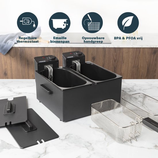 Princess Dubbele Frituurpan - Inhoud 2 x 3 liter - Koude Zone - 3600W - 2x regelbare thermostaat - 183028 - Zwart