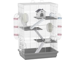 Killogood Hamsterkooi met 4 verdiepingen en 16 buizen - inclusief huisje - helling - voerbakjes - drinkfles en lekvrij opvangbakje - van metaal en kunststof - 47 x 30 x 70 cm - grijs - hamster speelgoed - hamster spullen