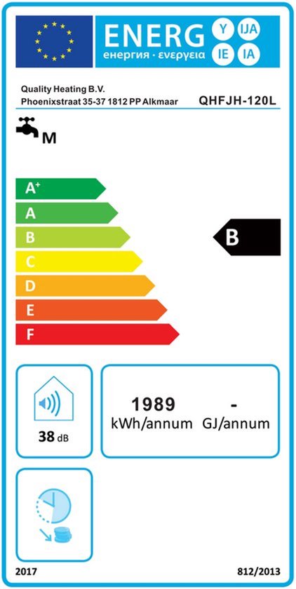 Energie-etiket van een verwarmingstoestel met energielabel B, geluidsniveau 38 dB en jaarlijks energieverbruik van 1989 kWh.