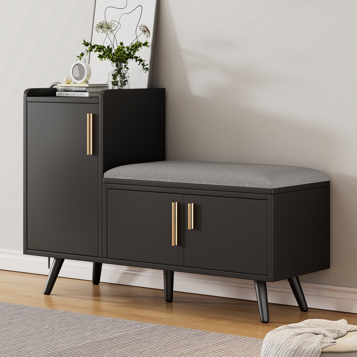 HAUSS SPOLE Schoenenbank - Met Zitkussen En 3 Opbergvakken - Voor Hal En Woonkamer - Spaanplaat En Stof - 100x34x68,5 cm - Zwart