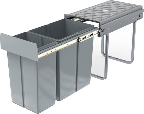 Grijze uittrekbare dubbele afvalbak, gedeeltelijk uitgeschoven, met metalen frame en geleiders.