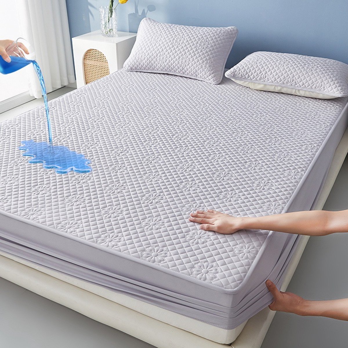 Matrashoes + 2 kussenslopen, TPU-laag voor waterdicht en ademend gebruik, geschikt voor matrassen tot 28 cm dik,Bloem—Grijs,180*200cm+kussensloop 48*74cm