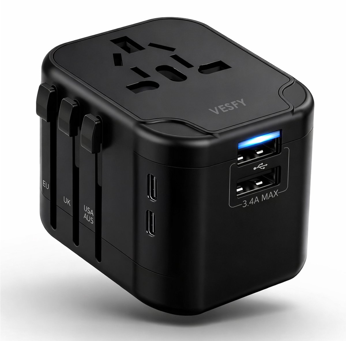 Vesfy Wereldstekker Reisadapter – 200+ Landen – 2× USB-C & 2× USB – Universele Travel Adapter – Compact & Veilig – 2400W