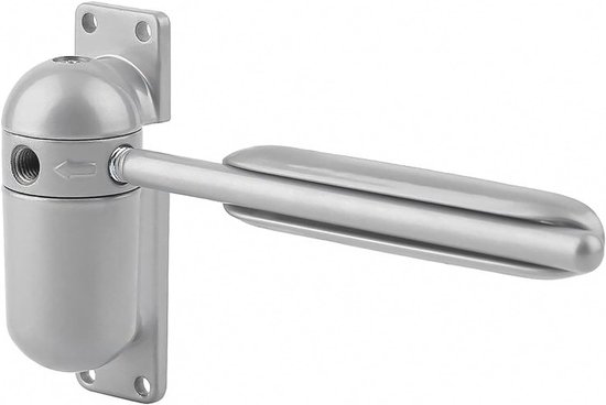 Zilverkleurige automatische deursluiter met schroefdraad op de cilinder en verstelbare arm.