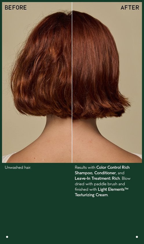 Vergelijking van haar: links ongewassen, rechts na behandeling met Aveda producten. Het haar is roodbruin en glanzend.