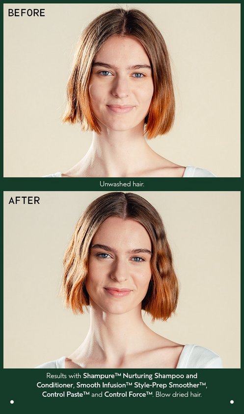 Voor en na foto van een vrouw met kort, geverfd haar, getoond met ongewassen en geblazen haar.