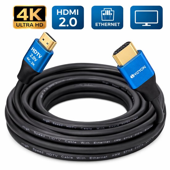 VIZYON Hdmi Kabel 2.0 High Speed 20 m - Supports -4K - 3D - Voor TV - Nintendo Switch - PS5 - Xbox - DVD - Laptop - Tablet - PC - Monitor - Beamer TV Box - Projector 4K@60 Hz - Male to Male - 20m Zwart