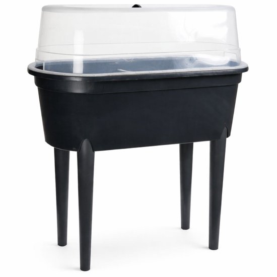 Antracietkleurige kweektafel op poten met een doorzichtig deksel.