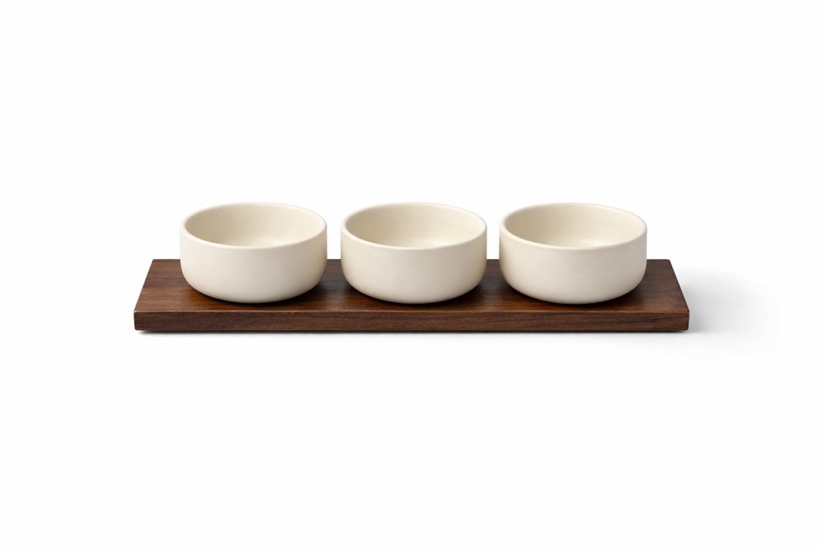 Terra Porseleinen Schaaltjes Set met Houten Serveerplank – 3-delig