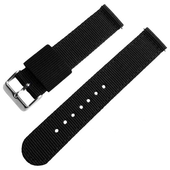 Bracelet de montre noir en tissu avec boucle argentée.