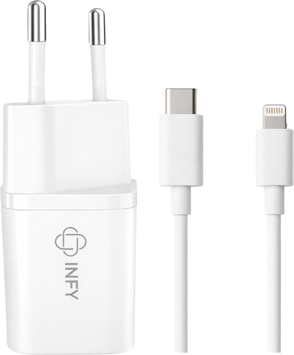 USB-C Snellader 20W met USB-C naar Lightning Kabel 1 Meter – Geschikt voor iPhone t/m 14 – Compacte Power Delivery Oplader – Wit