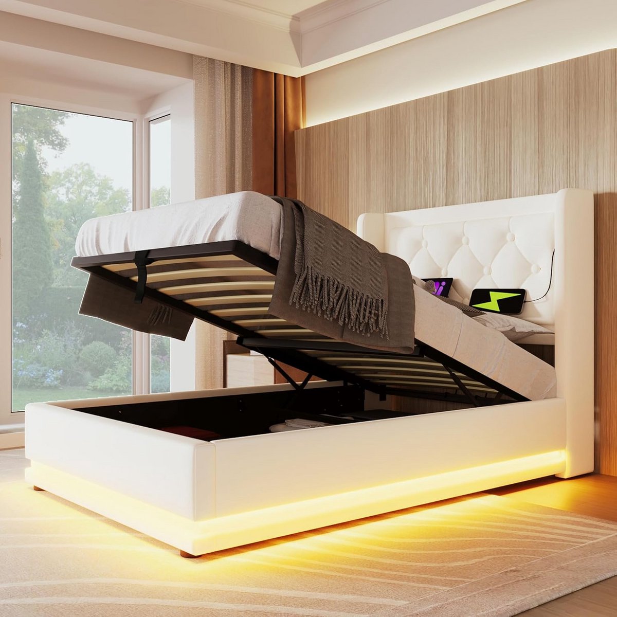 Eenpersoonsbed 90x200 met Opbergruimte en Gestoffeerd Hoofdbord - Boxspring Stijl